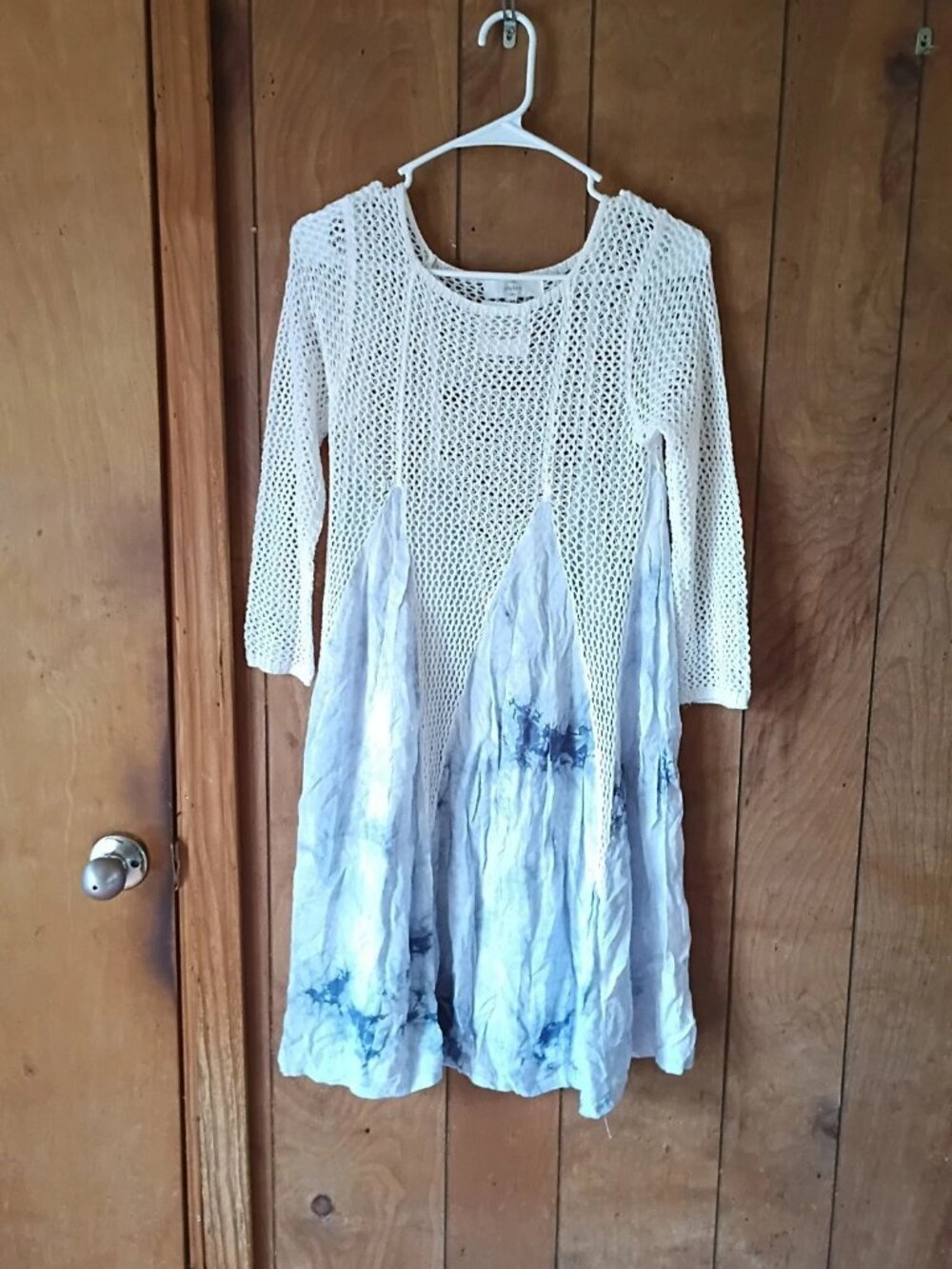 Entro Kendras Crochet Neck Tunic Dress Womens M White Blue Boho NWT Rayon Acryli